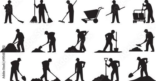 construction worker silhouettes set, laborers digging sweeping cleaning poses, industrial work activities collection, manual labor concept, black white vector illustration