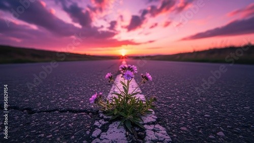 A small purple flower grows through a crack in an empty road at sunset