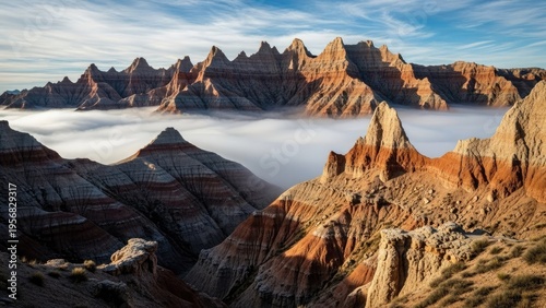 A breathtaking landscape of rugged mountains rising above a sea of fog