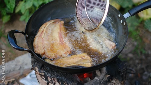 Cooking Fresh Fish in Traditional Frying Pan Over Open Fire with Bubbles and Sizzling Sounds in Nature Setting