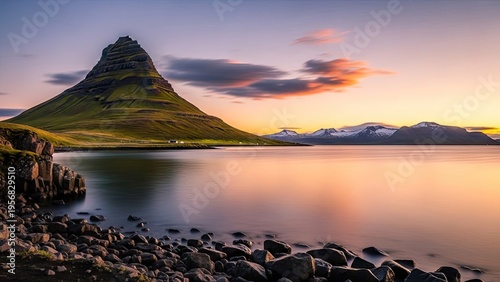 A serene mountain landscape with a lake at sunset in Iceland