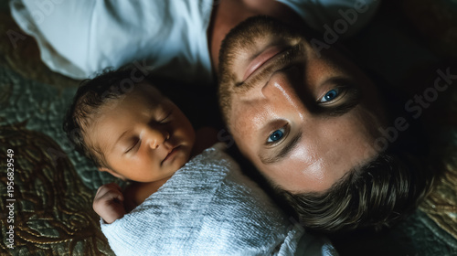 Father and newborn lying side by side in tender portrait