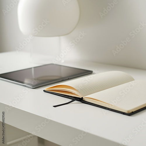 Contemporary white desk featuring a sleek tablet and an open notebook with a minimalist lamp