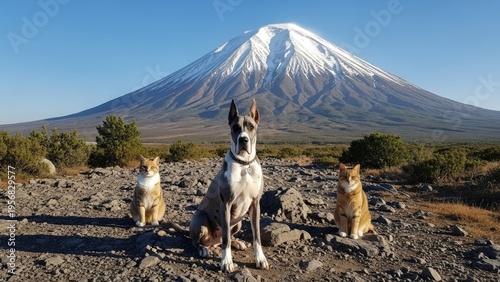 A dog and two cats sit together in front of a snow-capped mountain