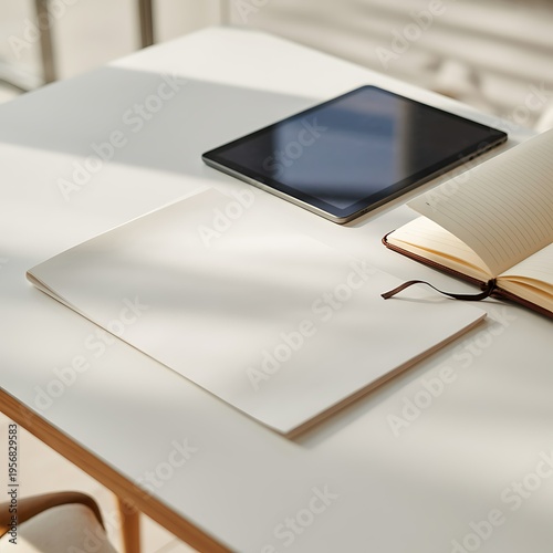 Creative workspace with tablet, open notebook, and blank document on a sunlit white desk