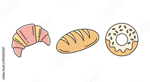 Baked goods including croissant bread donut.