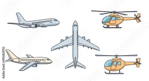 Airplanes and helicopters in flight.