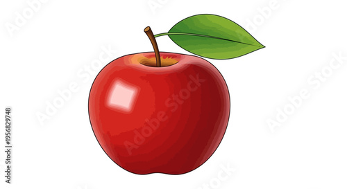 Fresh red apple with green leaf.