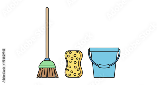 Broom sponge and bucket cleaning tools.