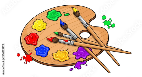 Colorful Paintbrushes on Wooden Palette.