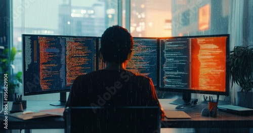 silhouetted programmer at a desk with three monitors displaying code, focused and determined, night cityscape and rain visible through large window, warm orange glow and cool blue lighting