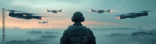 back view of a helmeted soldier in tactical gear watching a fleet of hovering drones and futuristic aircraft over a foggy city at dawn, tense and vigilant