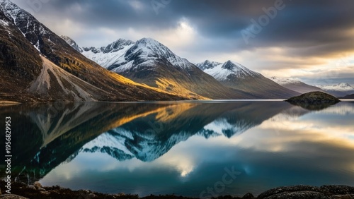 A serene mountain lake reflects snow-capped peaks under a cloudy sky