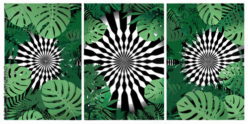 Tropical leaves frame hypnotic optical illusion artwork in a triptych