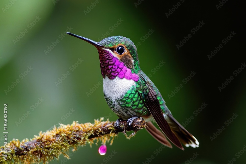 Fototapeta premium vibrant green and purple hummingbird perched on a mossy branch with a small pink droplet, calm and alert against a soft blurred green background