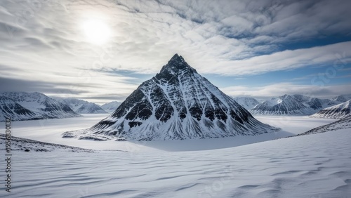 A snow-covered mountain peak rises majestically under a cloudy sky