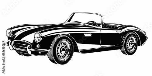 A vintage black and white illustration of a classic sports car