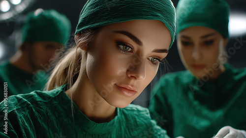 Female surgeon in green scrubs concentrating during surgery