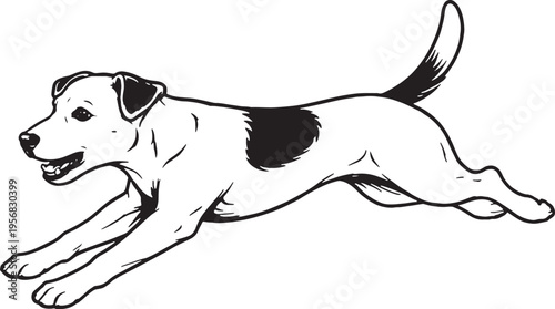 Jack Russell Terrier Running Sprint Side View Black and White Line Art Illustration
