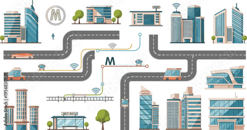 Isometric Modern City Elements Set with Roads Skyscrapers Transport Buildings and Urban Infrastructure for Smart City Design Mapping and Architectural Illustration