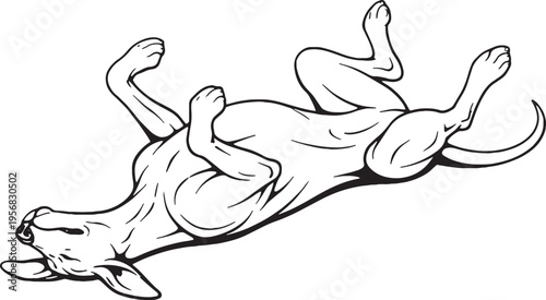 Great Dane Rolling on Back Playful Pose Black and White Line Art Illustration