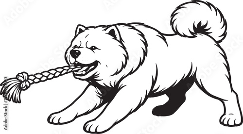Chow Chow tugging rope pull stance black and white line art illustration