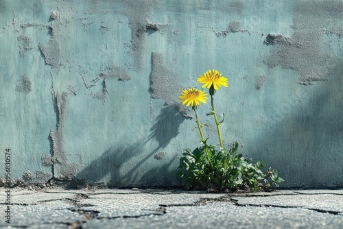 Two yellow dandelion flowers pushing up through cracked pavement against a weathered teal wall, bathed in sunlight and casting long shadows, a quiet scene of resilience and hope