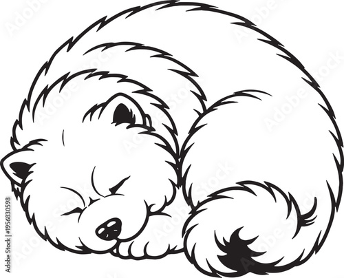 Chow Chow sleeping curled donut top view black and white line art illustration
