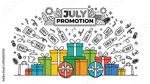 July Promotion Sale with Gifts and Discount Tags