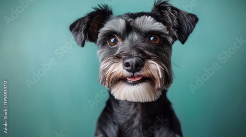 black terrier with perky ears and wiry shiny coat sitting against a teal backdrop, attentive and curious expression