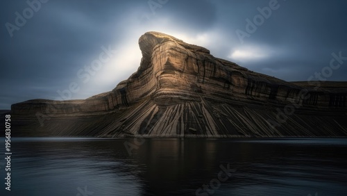 A dramatic landscape of a large rock formation in a body of water