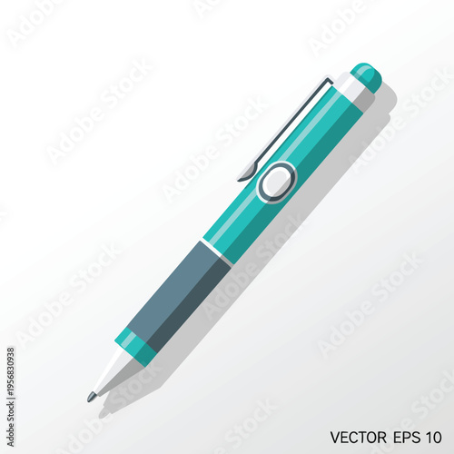 A minimalist illustration of a sleek turquoise and grey ballpoint pen