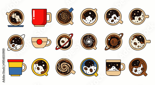 Creative Coffee Cups with Cosmic Designs: Galaxies, Planets, and Yin Yang Symbols