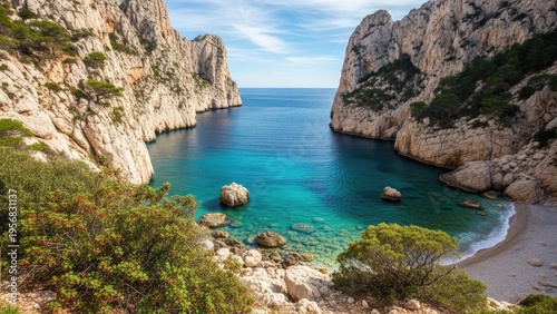 A serene and peaceful ocean cove surrounded by rocky cliffs and lush greenery