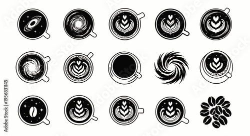 Overhead view vector collection of coffee cups with various latte art designs, including galaxy, swirl, and traditional patterns, plus coffee beans.
