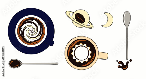 Unique vector illustration set combining coffee and celestial elements, including planet, moon, stylized cups, and spoons for design.
