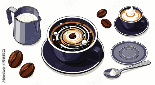 Artistic illustration of a gourmet coffee drink with cream, coffee beans, and a spoon, perfect for cafe and beverage themes.