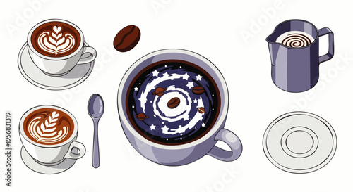 Collection of various coffee drinks and accessories illustration. Includes latte art cups, black coffee with cream, frothing pitcher, and coffee bean.
