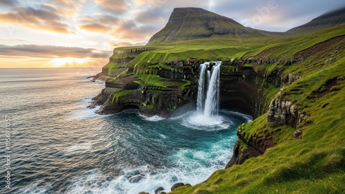A serene waterfall cascades into the ocean at sunset