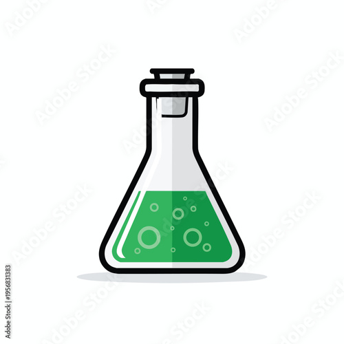 A conical flask containing green liquid with bubbles and a stopper