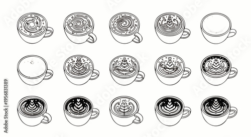 Hand-drawn illustration of various latte art designs in coffee cups, showcasing different patterns and techniques.
