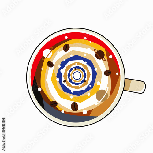 Cosmic coffee latte art with planets and stars in a swirling galaxy pattern, top view