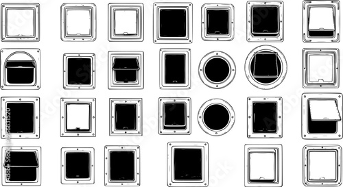 Vector illustration of pet doors. A collection of diverse designs for cat and dog flaps, including open and closed versions in various shapes.
