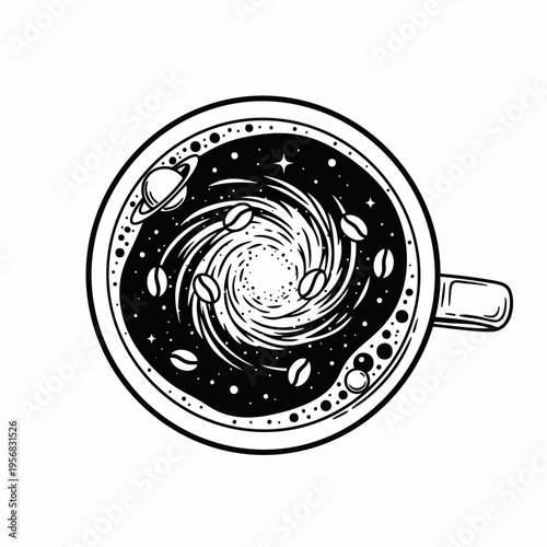 Cosmic Coffee Cup: A Swirling Galaxy of Coffee Beans and Planets in a Black and White Illustration