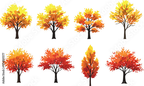 Autumn trees vector collection with colorful fall foliage isolated set of seasonal forest plants for landscape design illustration use