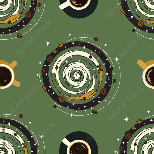 Abstract seamless coffee galaxy pattern with swirling beans and cups on a vibrant green background, perfect for modern beverage themes and textiles.