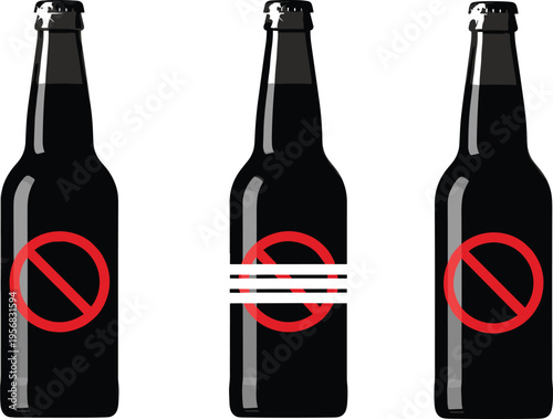 Beer bottles with prohibition signs and restriction markings vector illustration isolated on white background for alcohol ban awareness and warning design