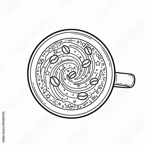 Black and white line art illustration of a coffee cup, top view, with a decorative swirl, coffee beans, and sprinkles. Cafe and beverage design.