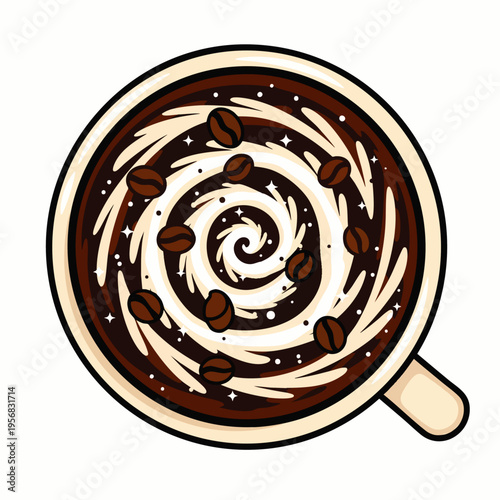 Vibrant top-down vector illustration of a rich coffee or hot chocolate beverage in a mug, adorned with a mesmerizing creamy swirl and decorative coffee beans.