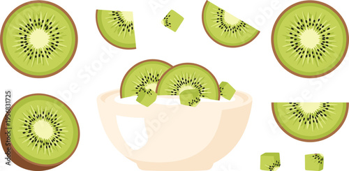 Kiwi Fruit Bowl Vector Illustration with Fresh Slices, Cubes and Falling Pieces for Healthy Food Concept, Organic Snack Design and Natural Ingredient Graphics